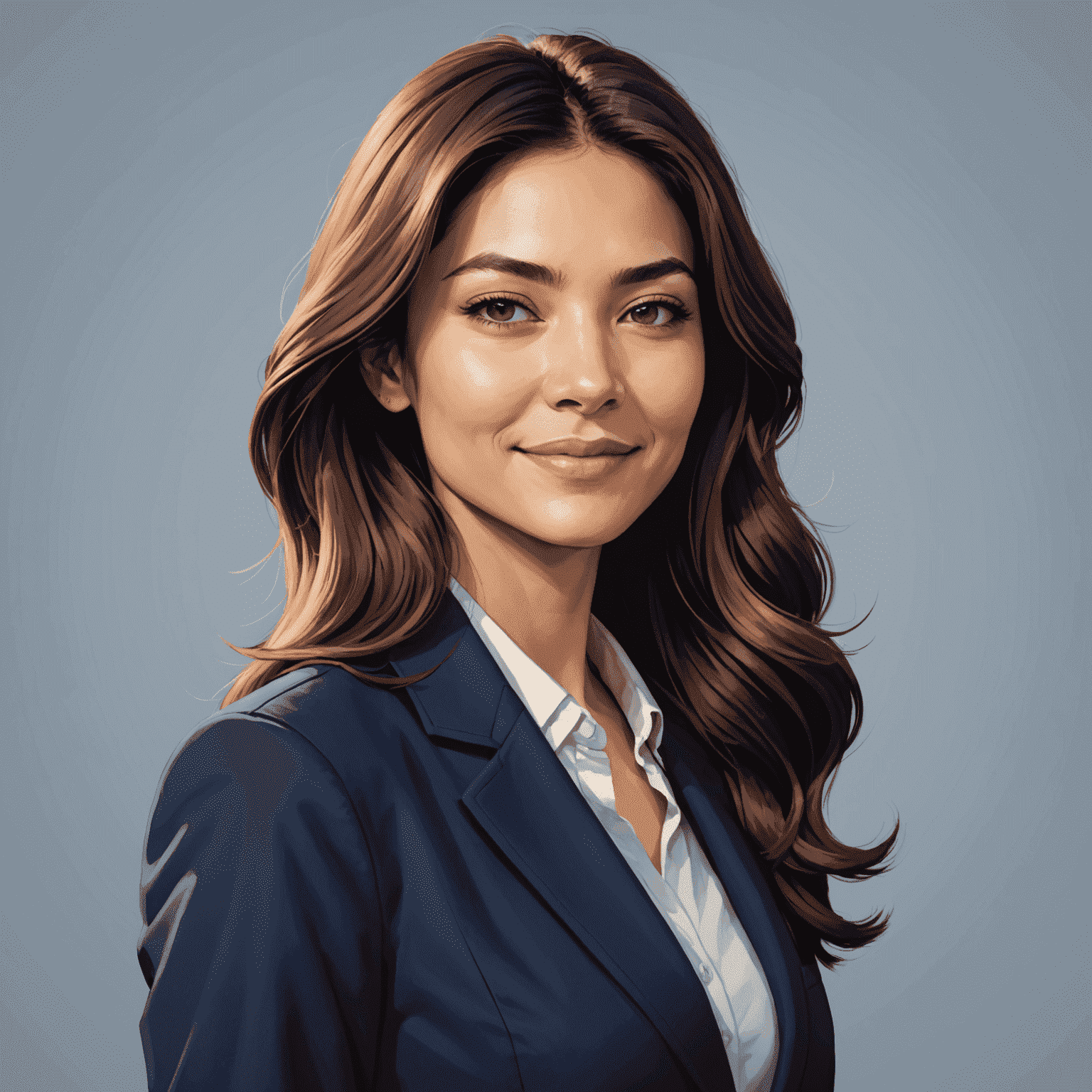 Portrait of Aisha Karimova, a woman in her early 30s with long dark hair and a warm smile, wearing a navy blue blazer against a light background