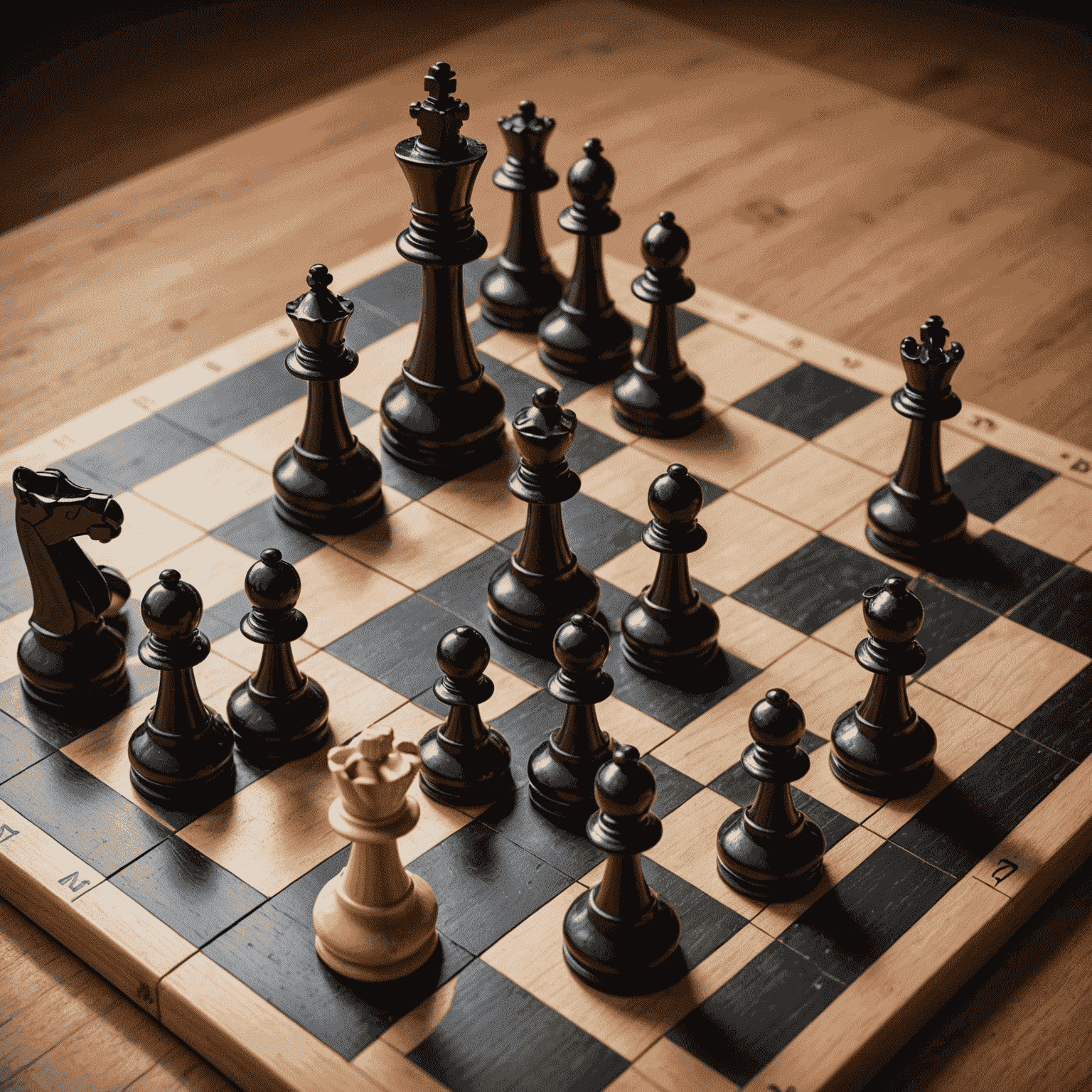 A chessboard with pieces arranged strategically, focusing on pawn structure and long-term positioning