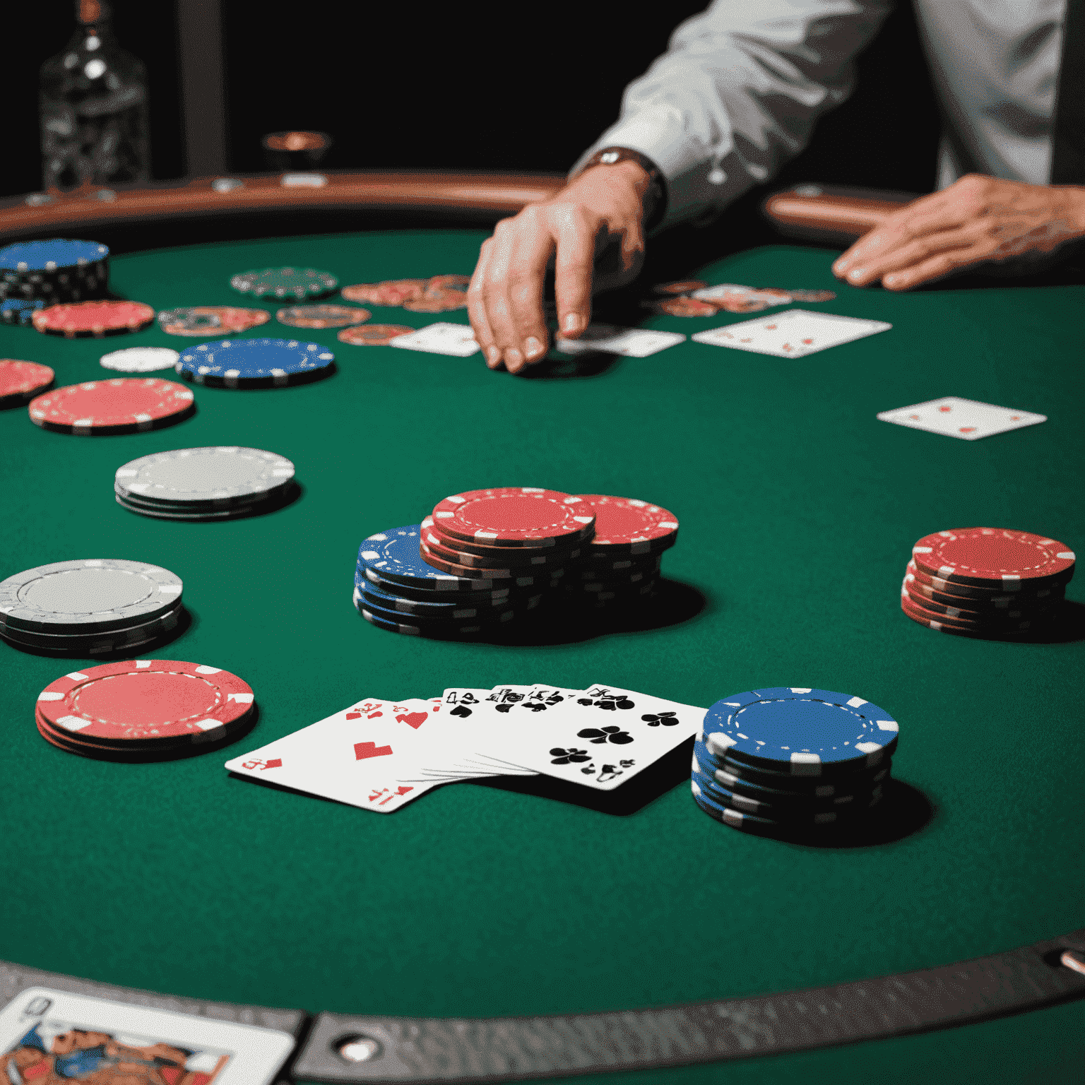 A poker table with chips stacked in various amounts, representing different levels of risk and potential reward. Cards are face down, emphasizing the element of uncertainty.