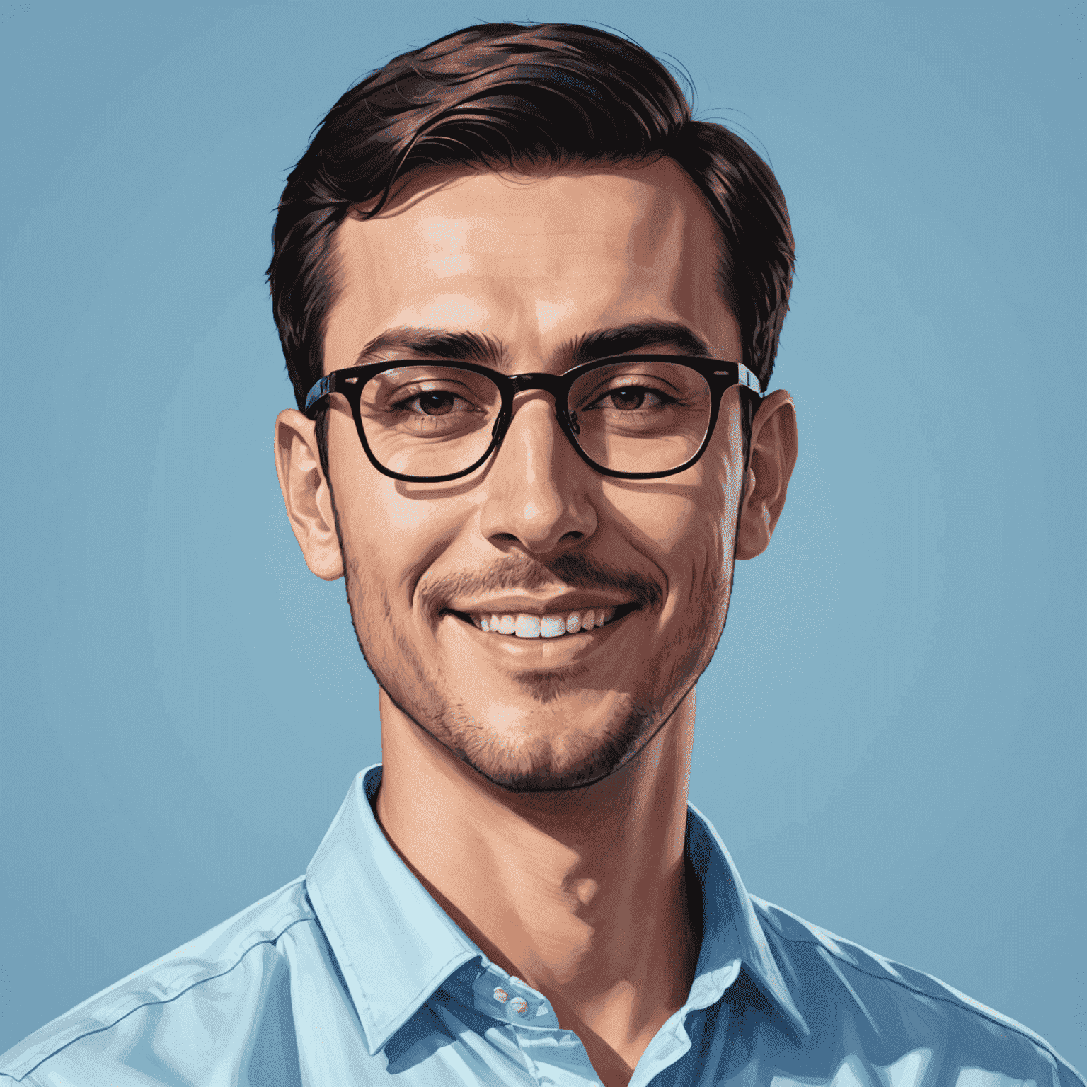 Portrait of Timur Aliyev, a man in his late 20s with short black hair and glasses, wearing a light blue shirt, smiling confidently