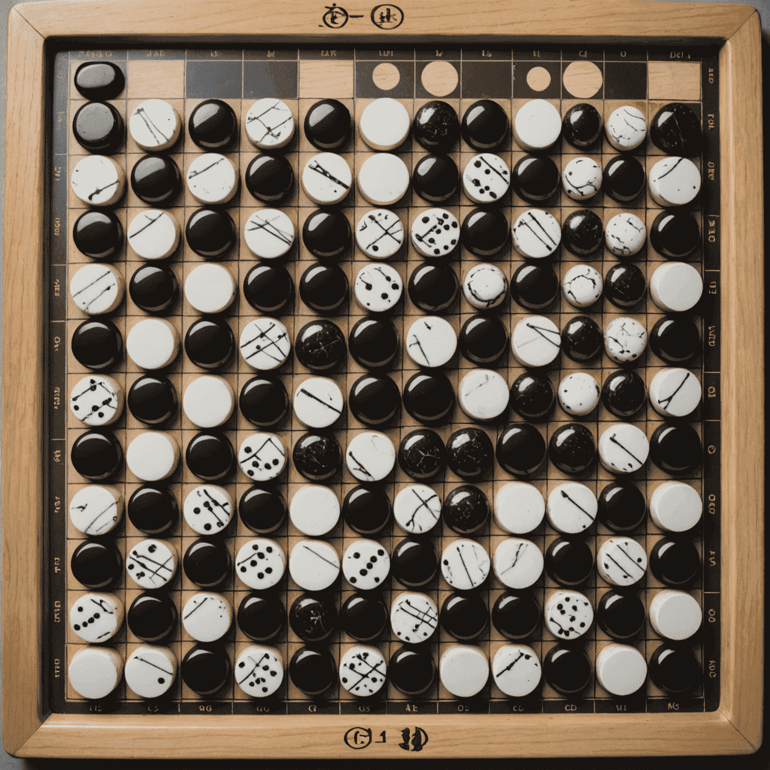 A Go board with black and white stones, illustrating complex patterns and potential future moves