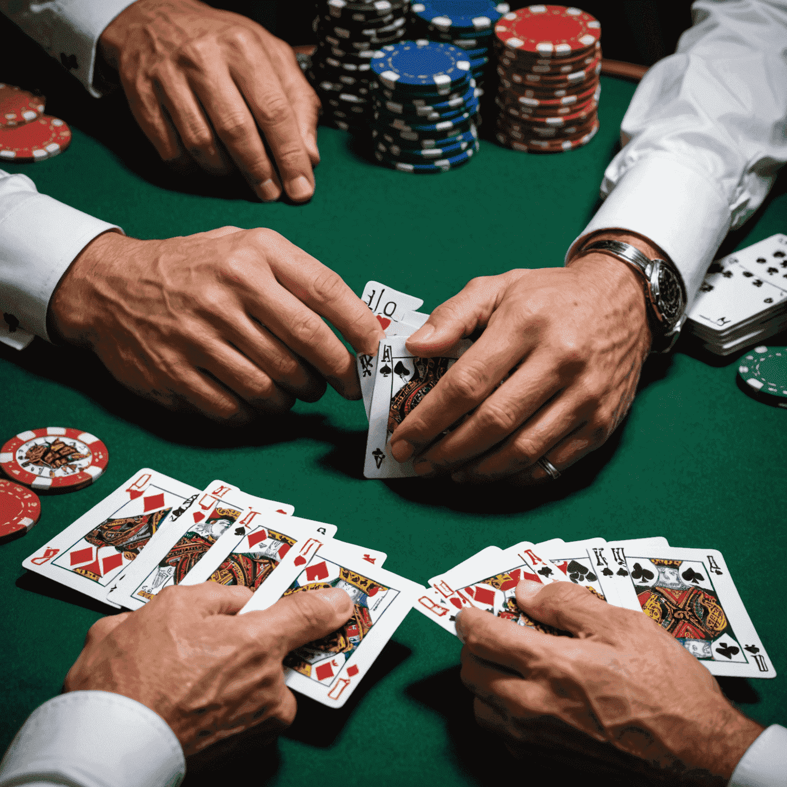 A close-up of poker hands arranged from strongest to weakest, showcasing different hand strengths such as royal flush, straight, two pair, etc.