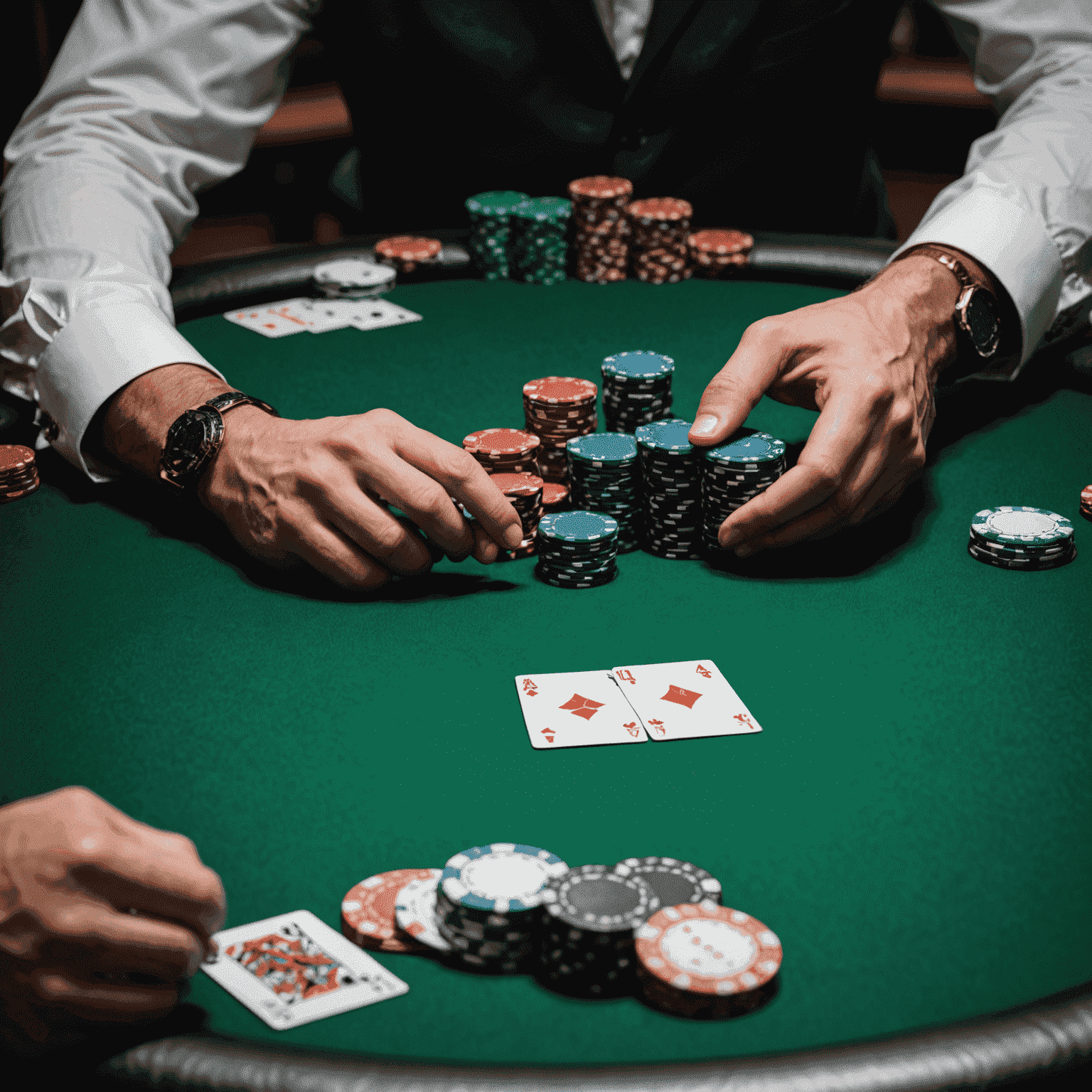 A poker table with cards, chips, and a player's hand visible. A scale in the background symbolizes the balance between risk and reward in decision-making.