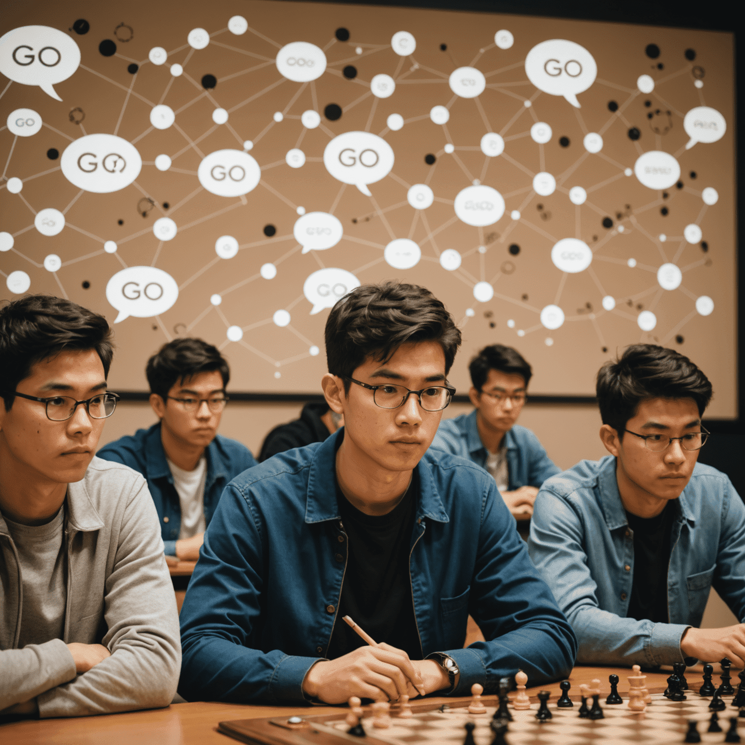 A montage of Go players in deep concentration, with thought bubbles above their heads showing complex Go patterns and potential move sequences.