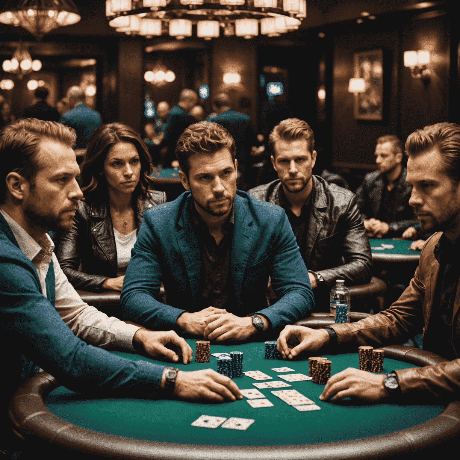 A diverse group of poker players at a table, each with distinct expressions and body language, emphasizing the importance of reading opponents.