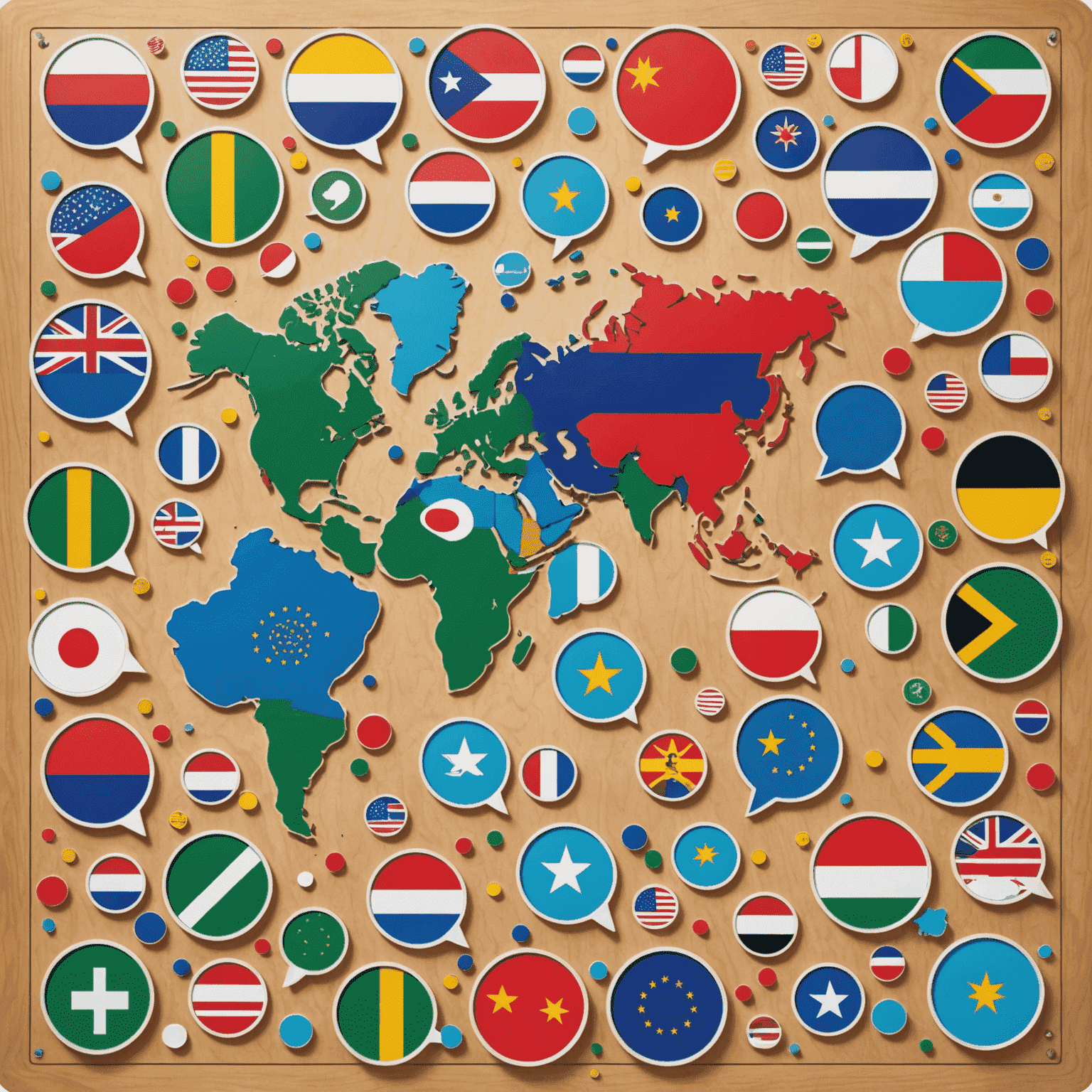 A Diplomacy game board with various colored pieces representing different countries. Speech bubbles and handshake icons symbolize negotiations and alliances.