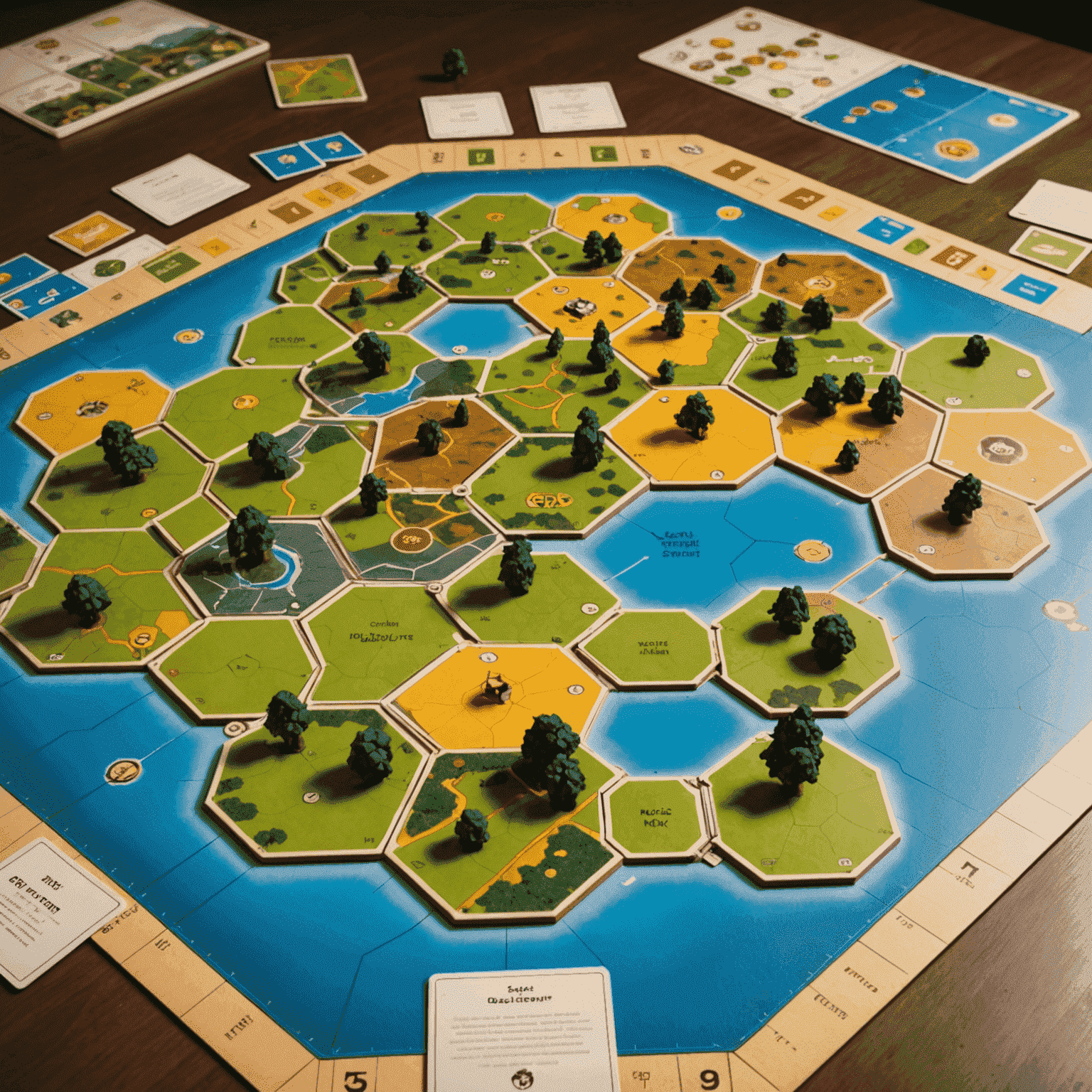 A Settlers of Catan game board with resource cards, settlements, and roads. Arrows and charts overlay the image to illustrate resource management strategies.